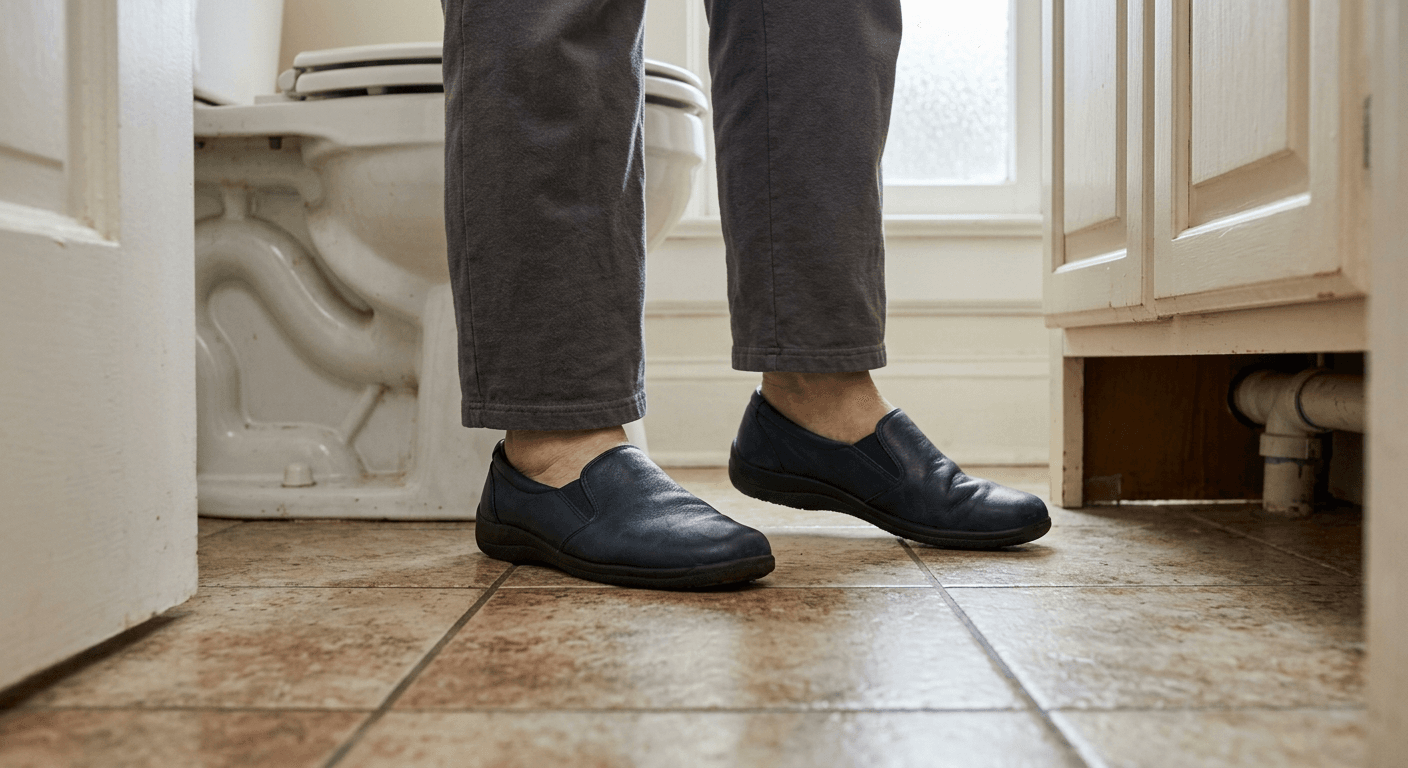 close-up of careful turning movement inside narrow bathroom layout