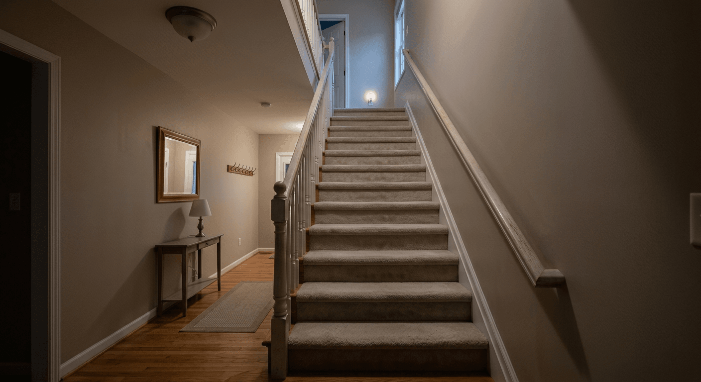 Older adult holding stair handrail while climbing stairs