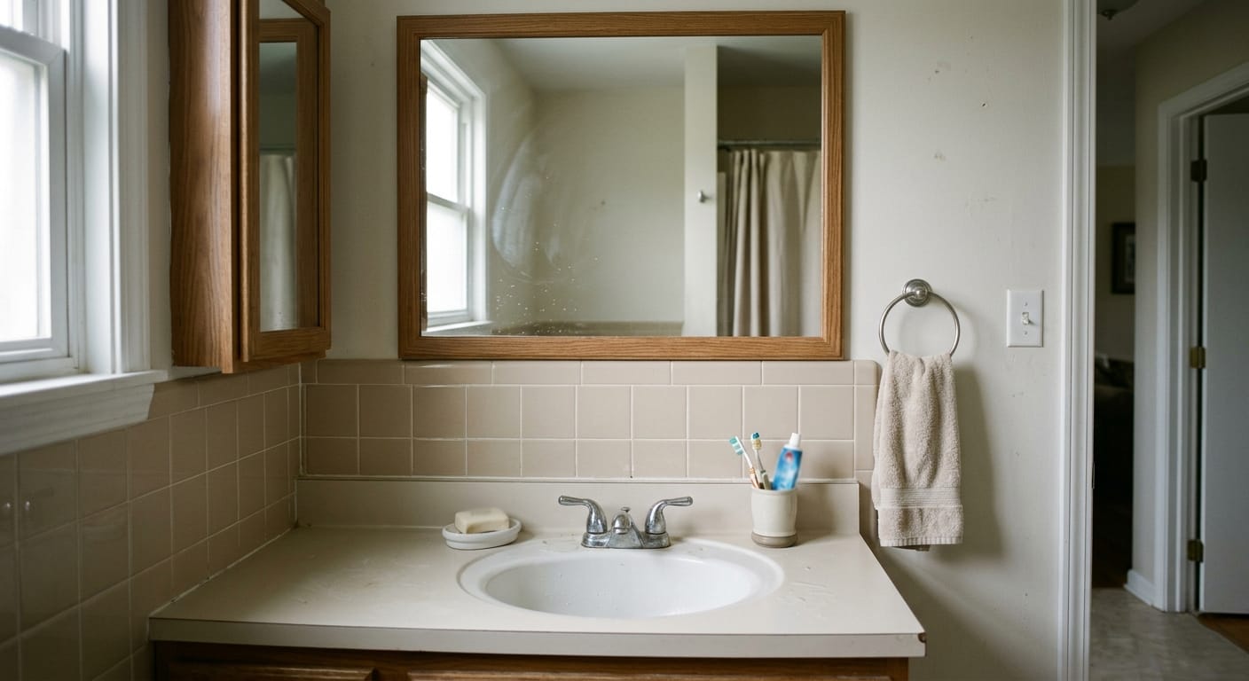 bathroom mirror glare affecting visibility and contrast