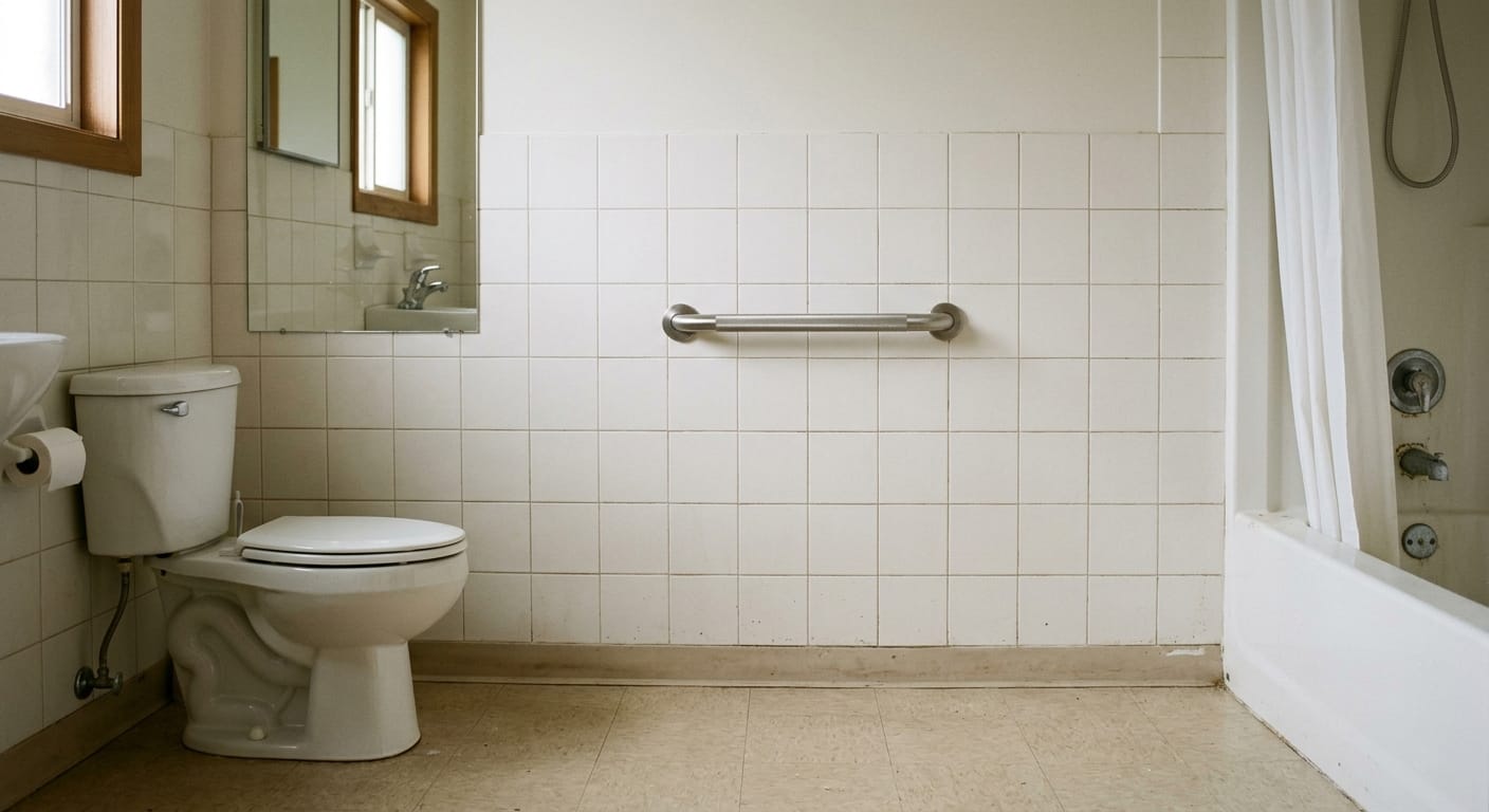 grab bar placed too far from movement path in bathroom
