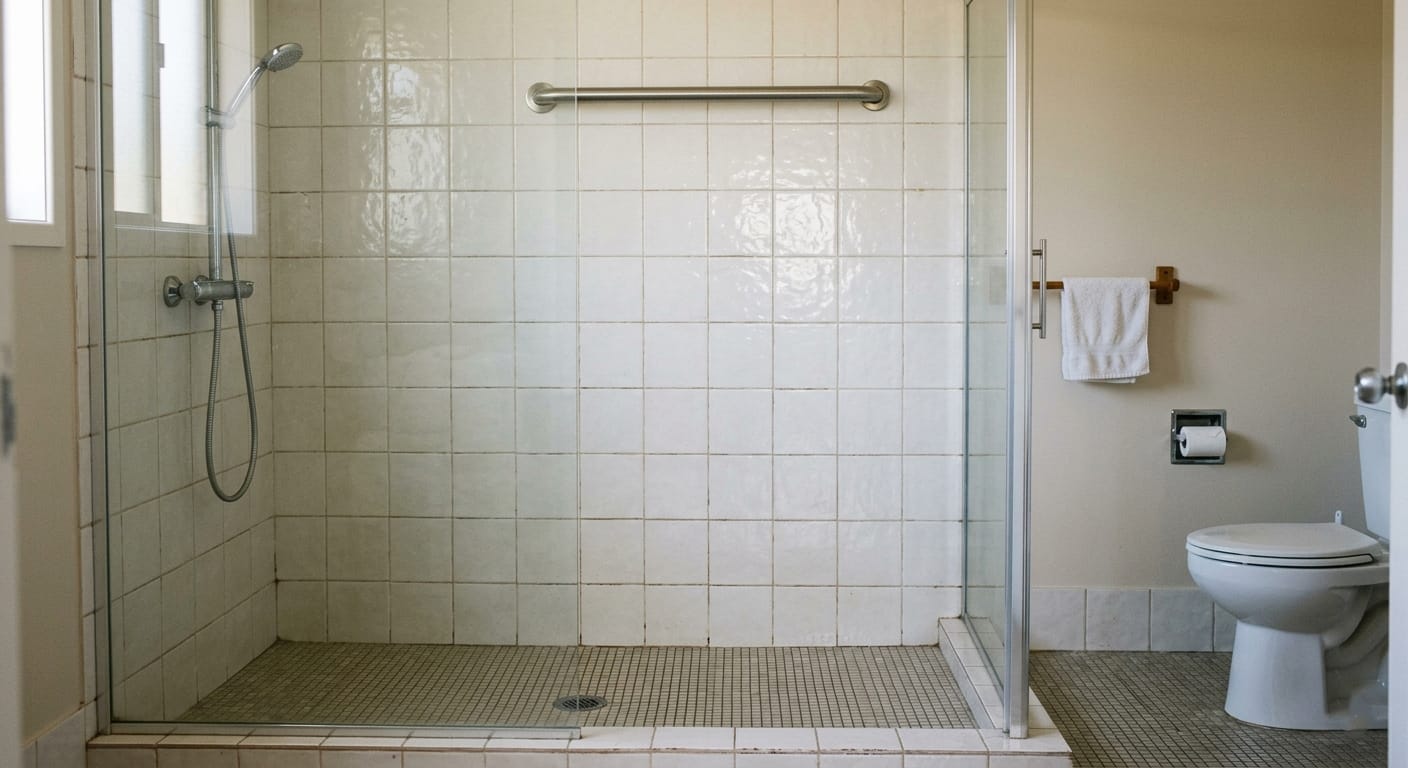 grab bar installed too high and far from shower entry