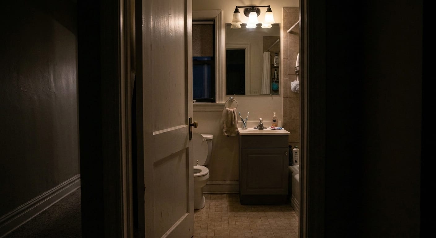 bathroom at night with low visibility and uneven lighting