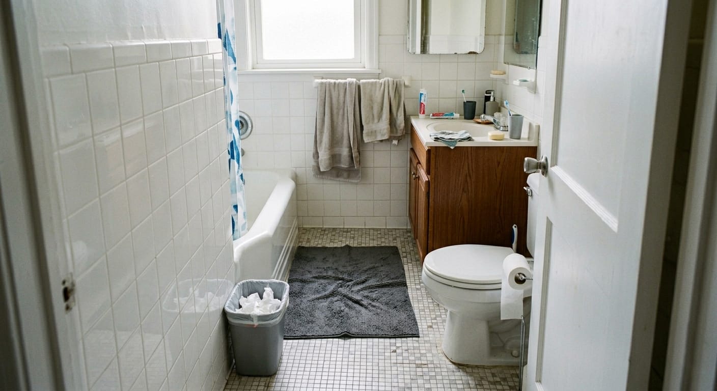 bathroom floor clutter with objects interrupting walking path