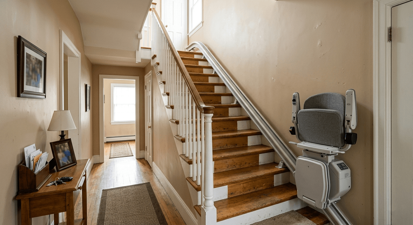 Modern stairlift installed on a residential staircase