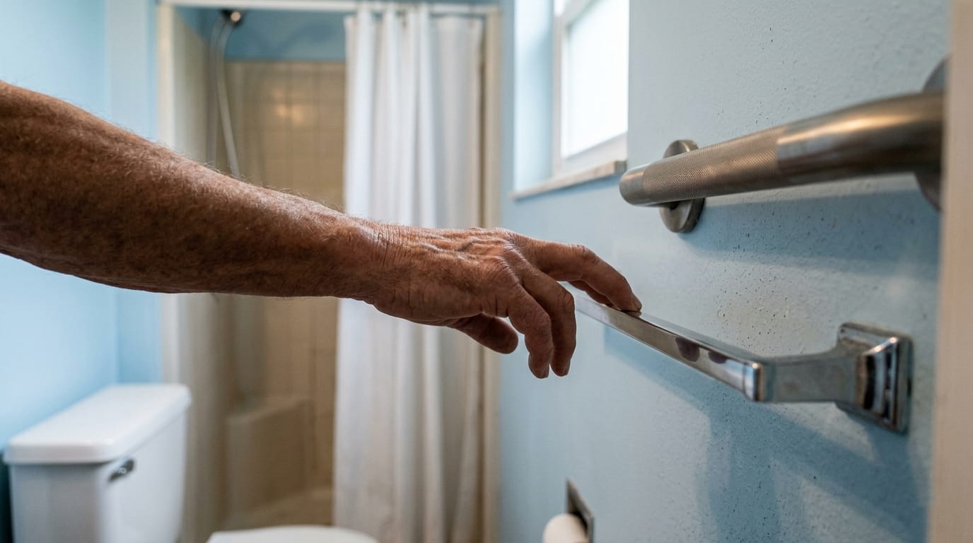 older adult hand reaching for towel bar instead of nearby grab bar in small bathroom showing poor support placement risk