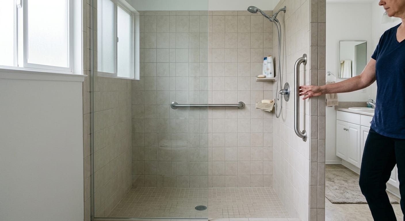 correct grab bar placement with vertical entry bar and horizontal wall bar