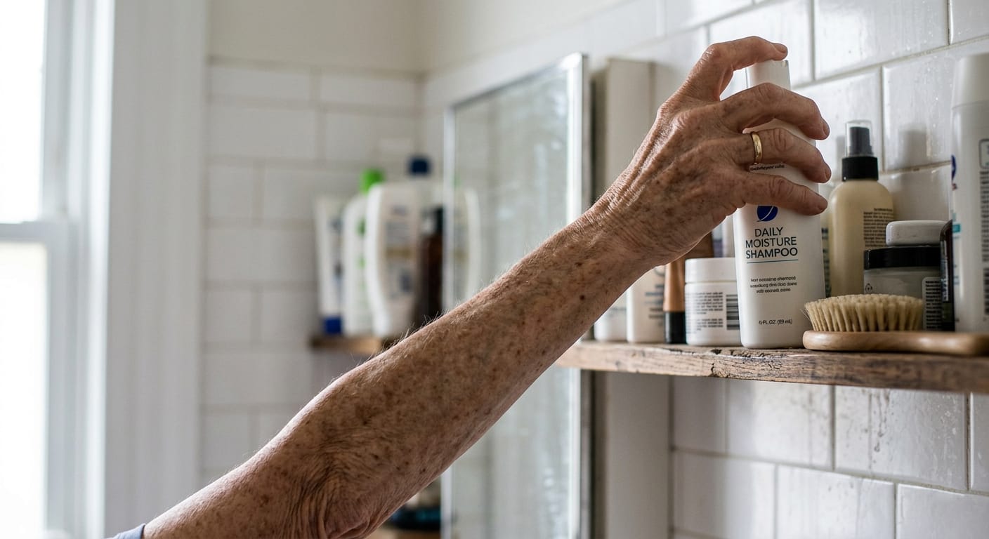 older adult reaching upward to high bathroom shelf for daily item