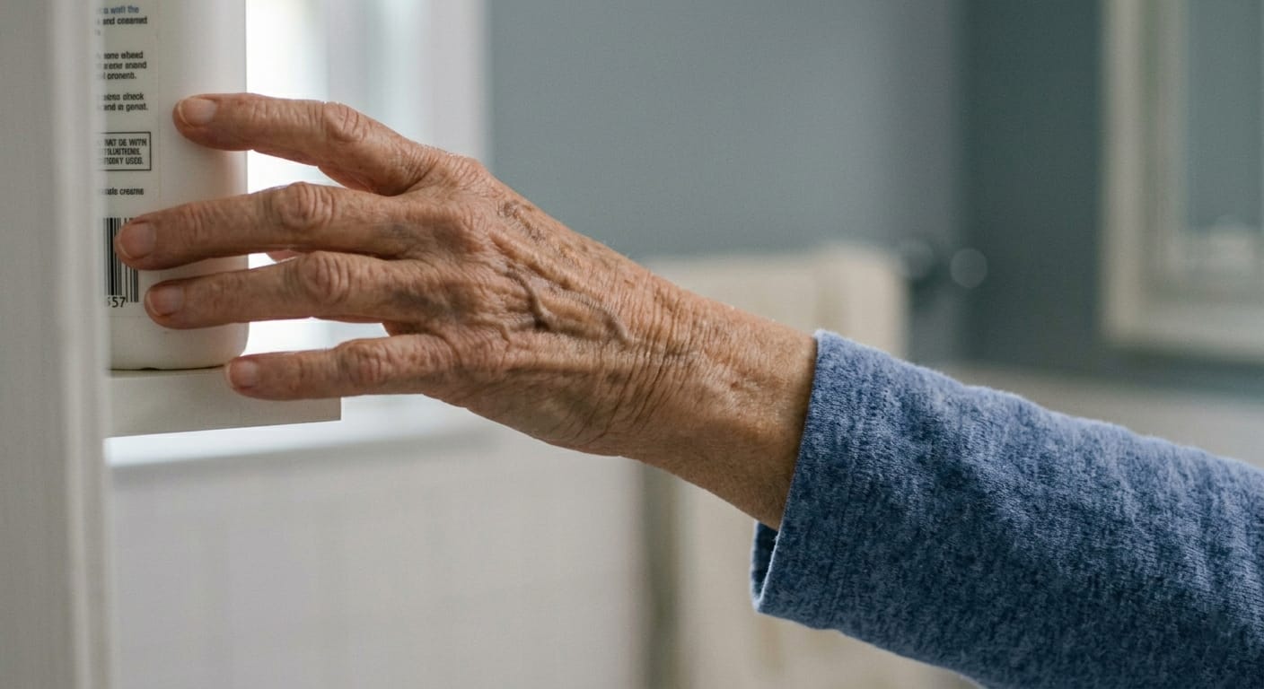 older adult woman reaching sideways in bathroom without grab bar support