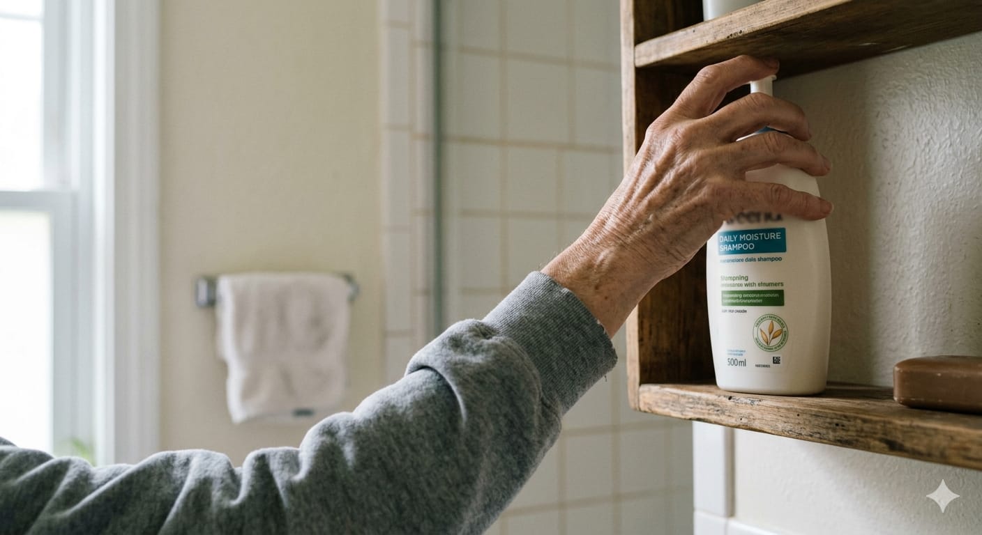 older adult hand reaching for shampoo bottle on high bathroom shelf