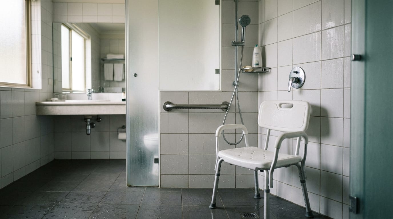 grab bar placed beside shower chair for safer transfer