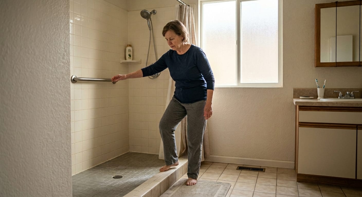70-year-old woman stepping into shower during bathroom transition movement