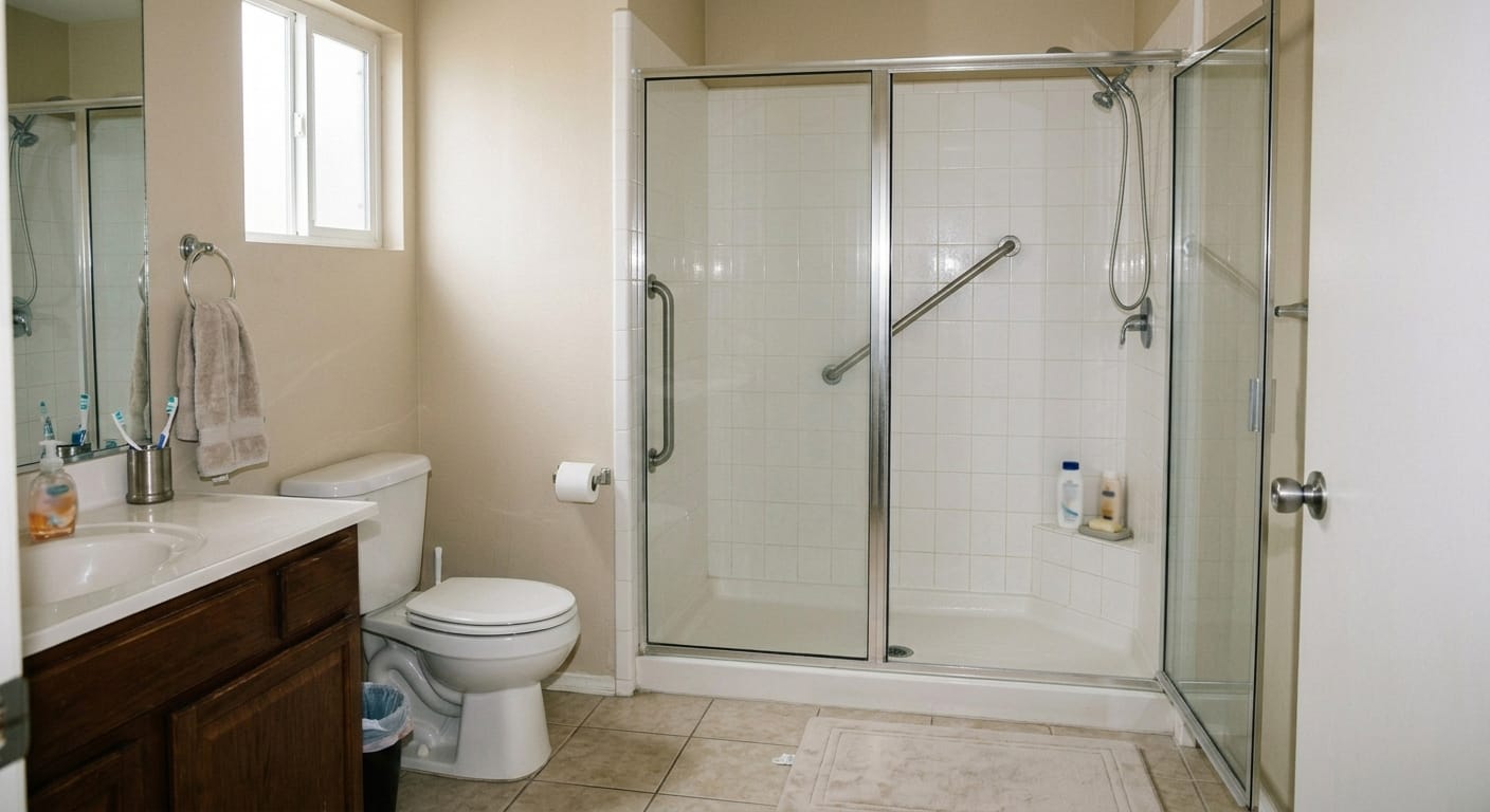 shower grab bars installed in a real bathroom with poor placement