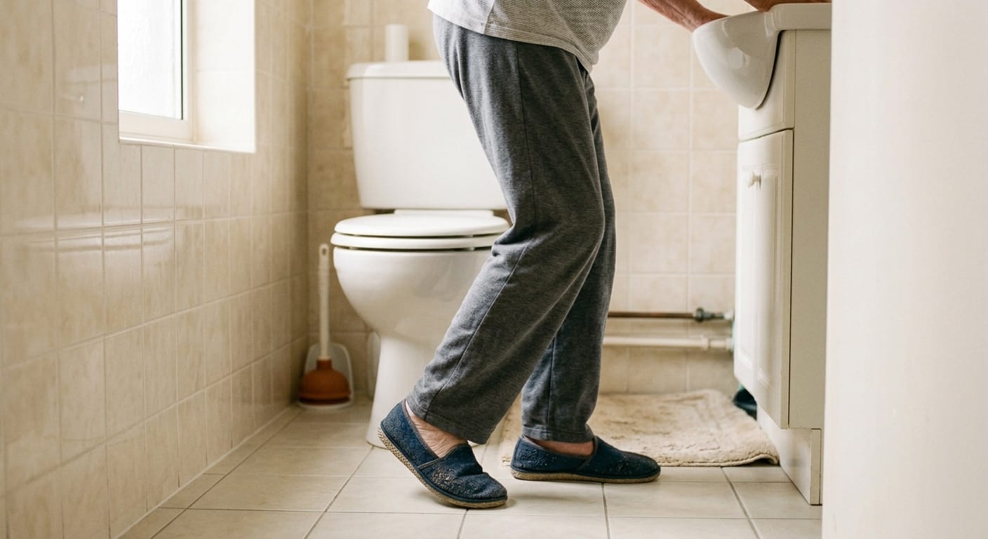 older adult moving sideways through narrow bathroom pathway