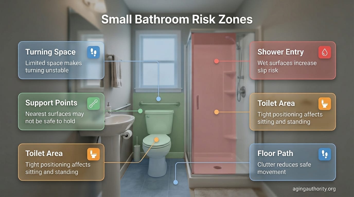 infographic showing key safety risk zones in a small bathroom including shower entry toilet area turning space and floor path
