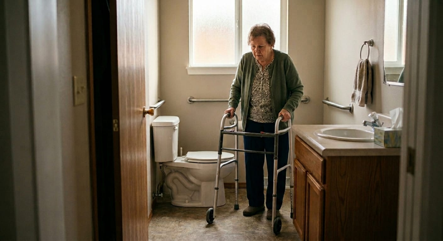 older woman using a walker inside a narrow bathroom with limited turning space and support bars