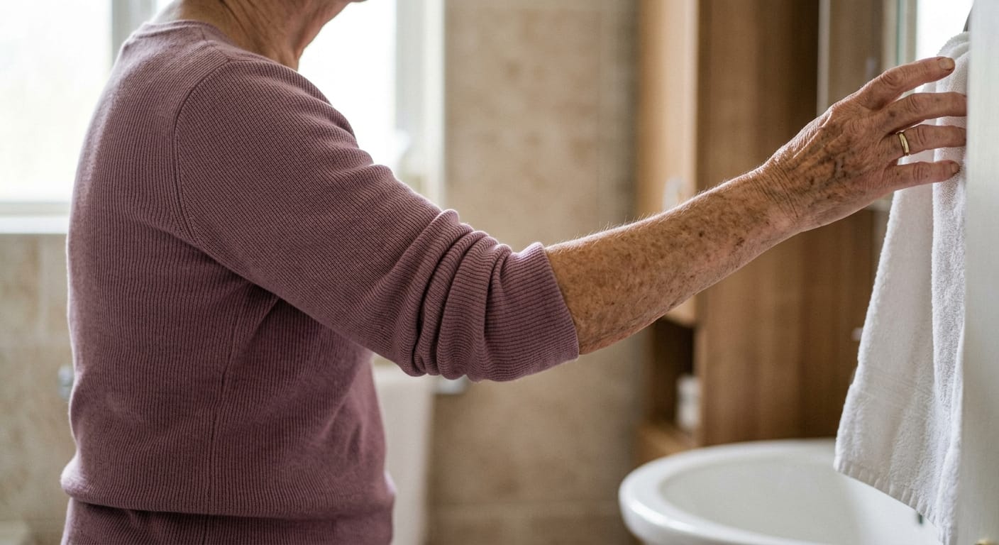 older adult woman twisting torso to reach item slightly out of reach in bathroom