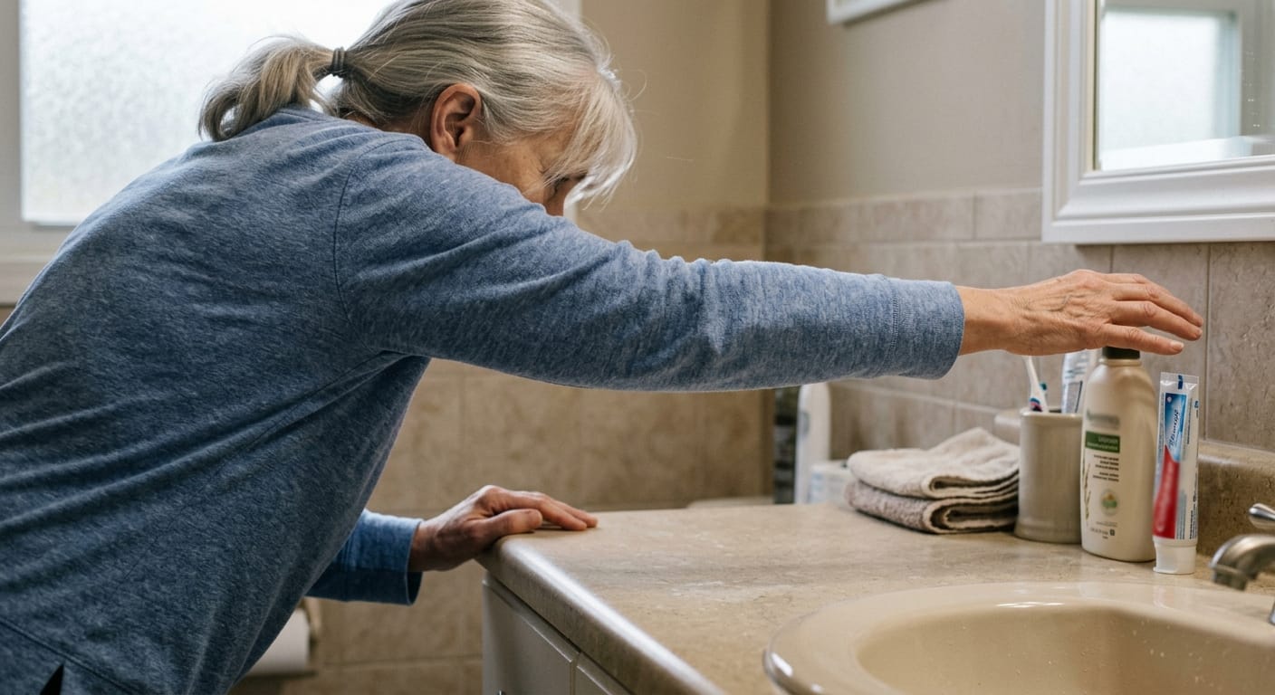 close-up of sideways reaching movement in bathroom beyond safe reach zone