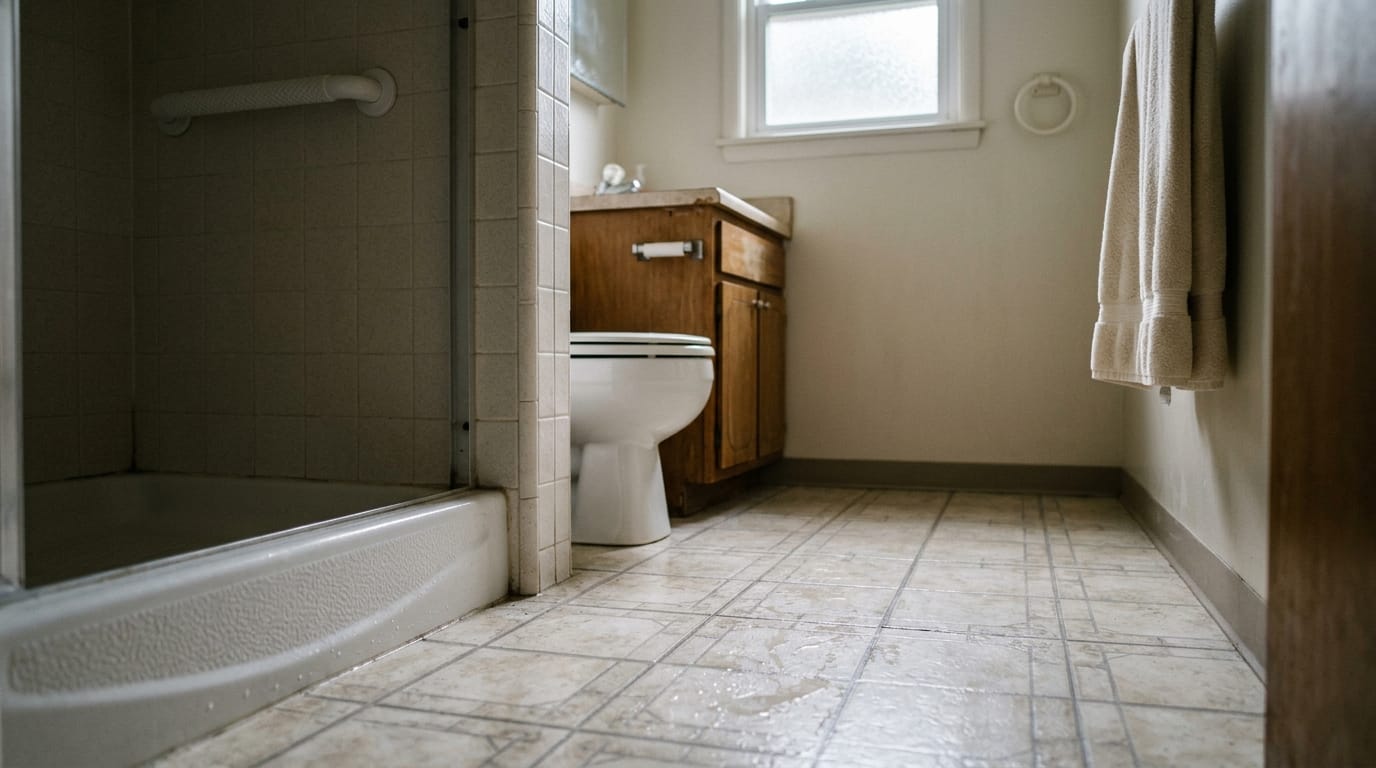 small bathroom shower exit with wet floor and limited space showing high fall risk area