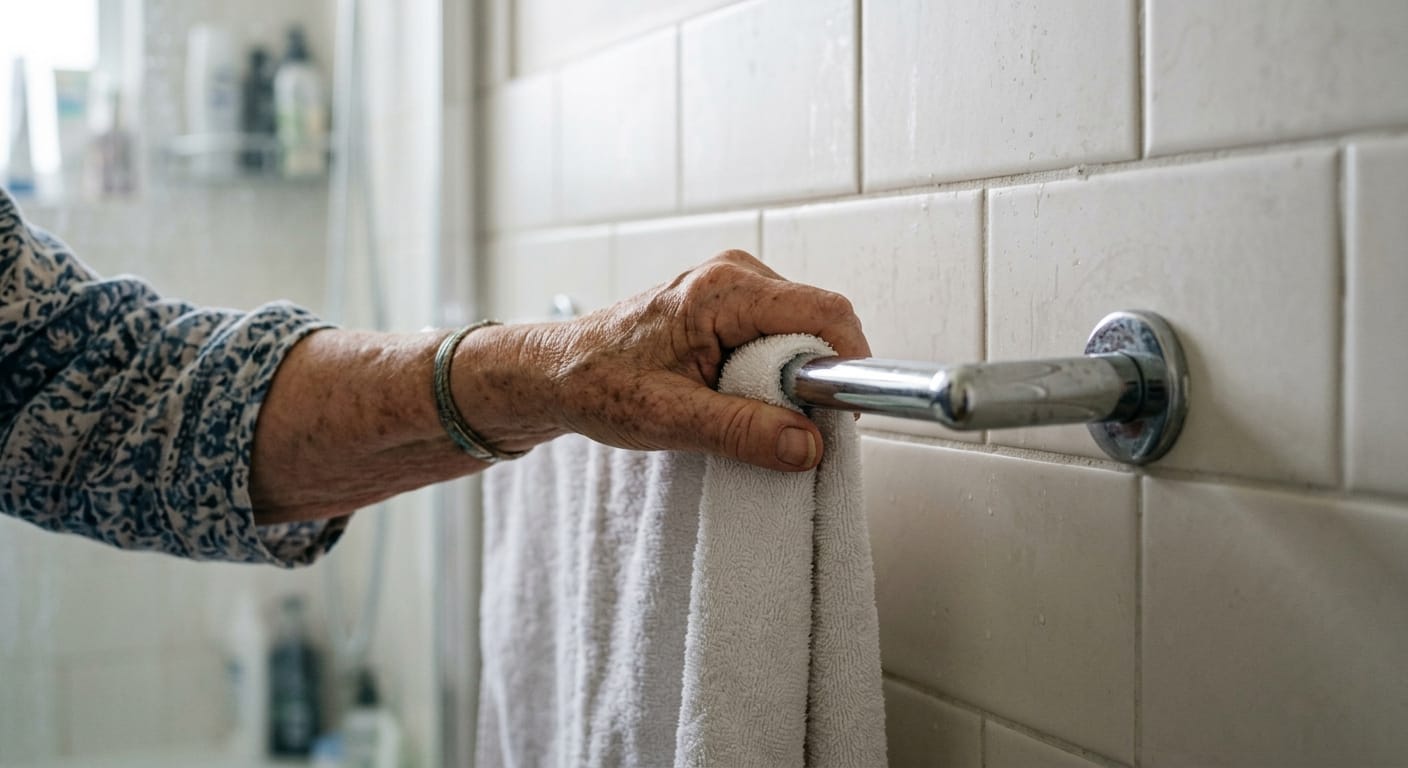 hand gripping towel bar for balance in bathroom