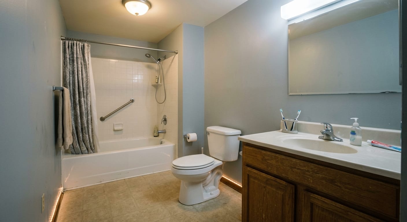bathroom with layered lighting and consistent visibility across key areas