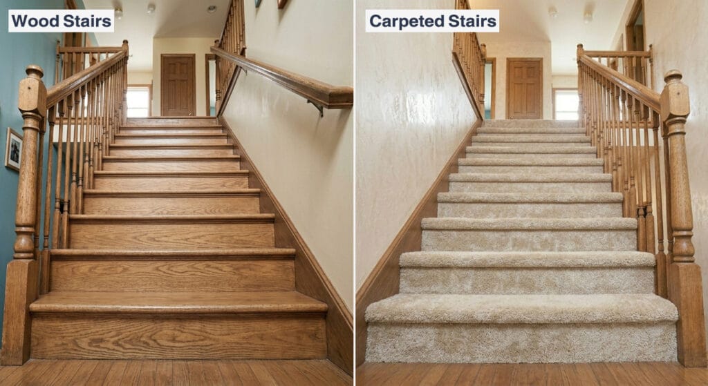 Side-by-side comparison of wooden stairs and carpeted stairs in a residential home for aging-in-place safety evaluation.