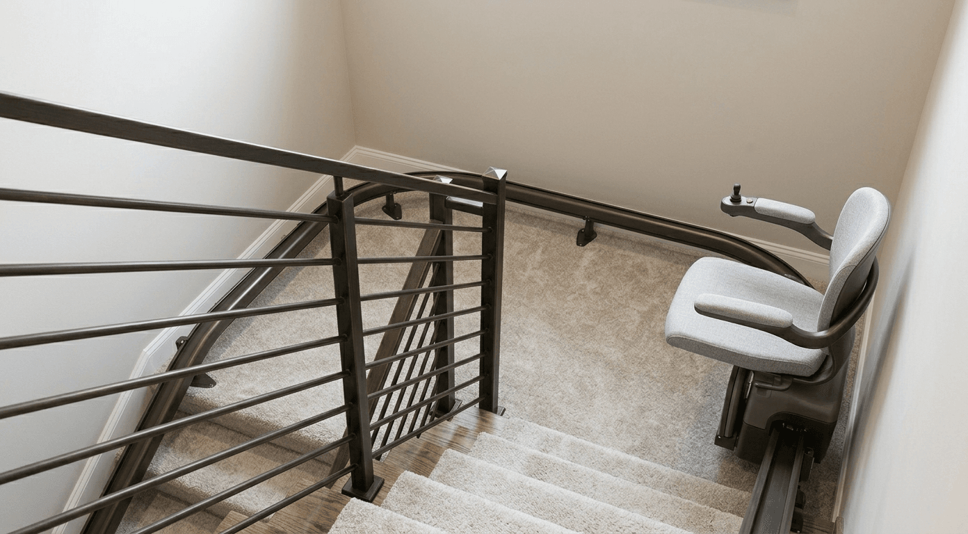 Curved stairlift following a staircase landing inside a residential home