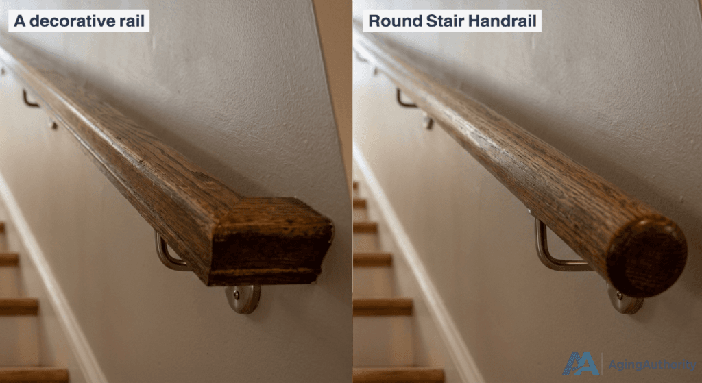 Comparison of decorative and round wooden stair handrails