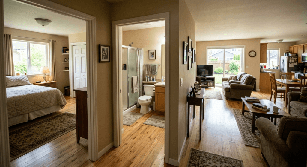 Bedroom, bathroom, living room, and kitchen located on the same level to support first-floor living for aging in place