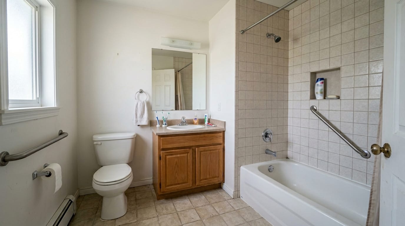 Bathroom with grab bars near the toilet and bathtub in a typical family, Bathroom Safety Cost Calculator & Modification Guide