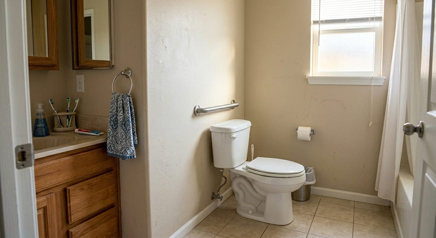 Grab bar installed beside a toilet in a residential bathroom