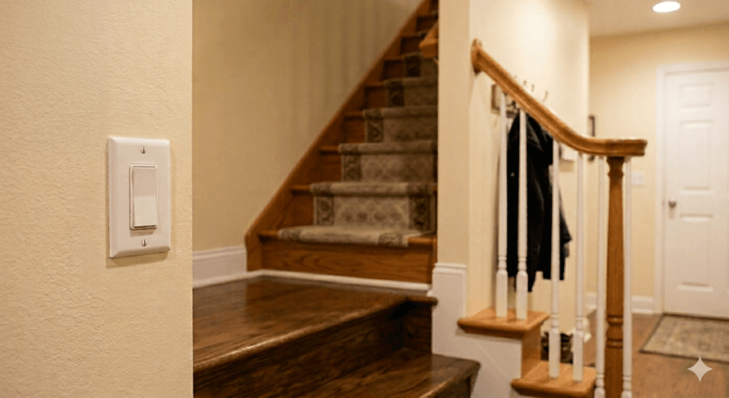 Light switch positioned beside a residential staircase for easier lighting access