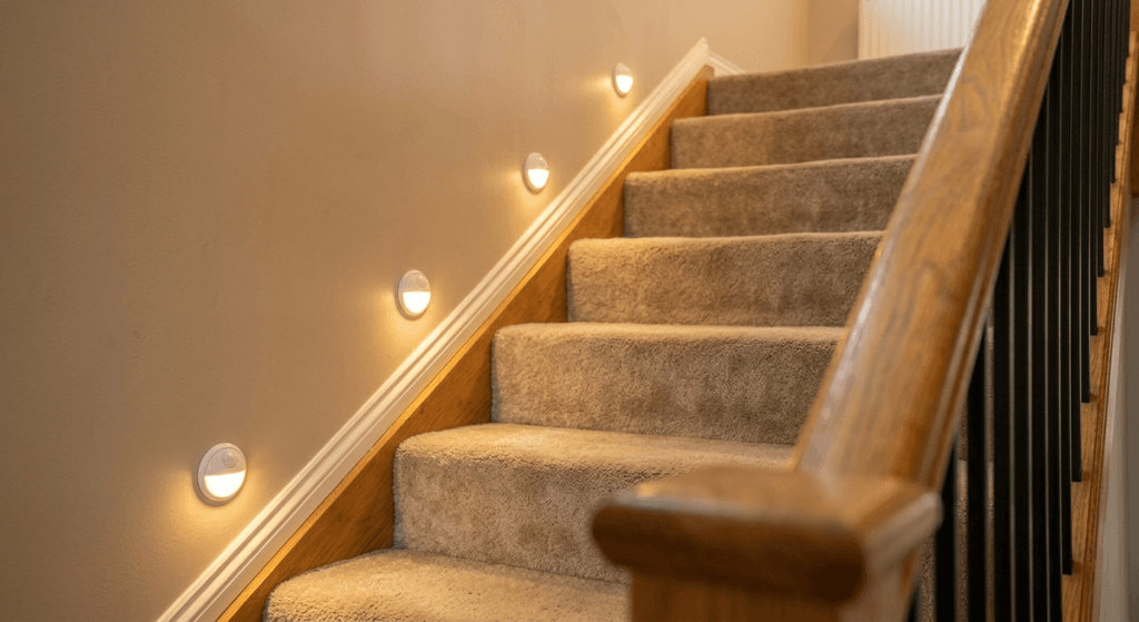 Motion-activated lighting helping illuminate residential stairs