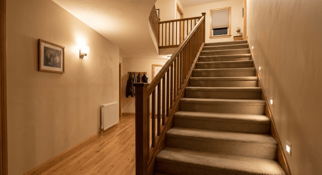Well-lit residential staircase with warm lighting and visible stair edges for nighttime safety