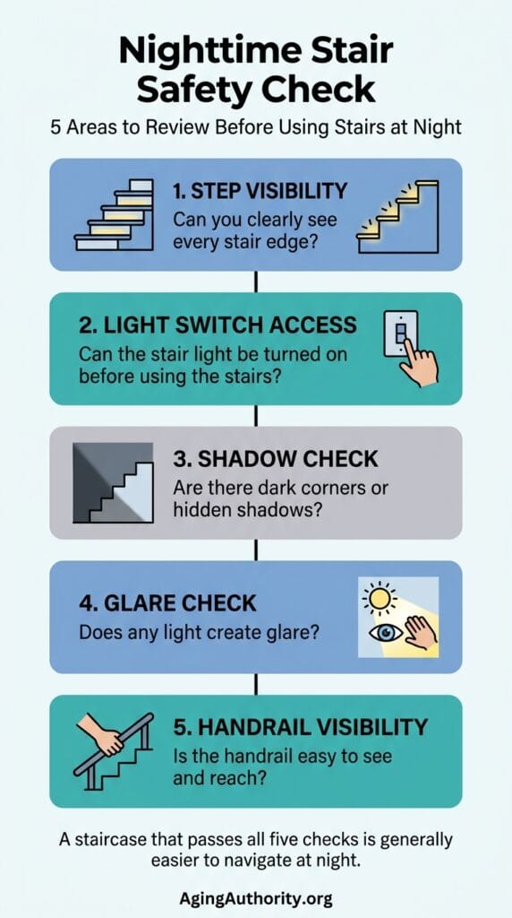 Infographic showing five nighttime stair safety checks, including stair visibility, light switch access, shadow detection, glare reduction, and handrail visibility.