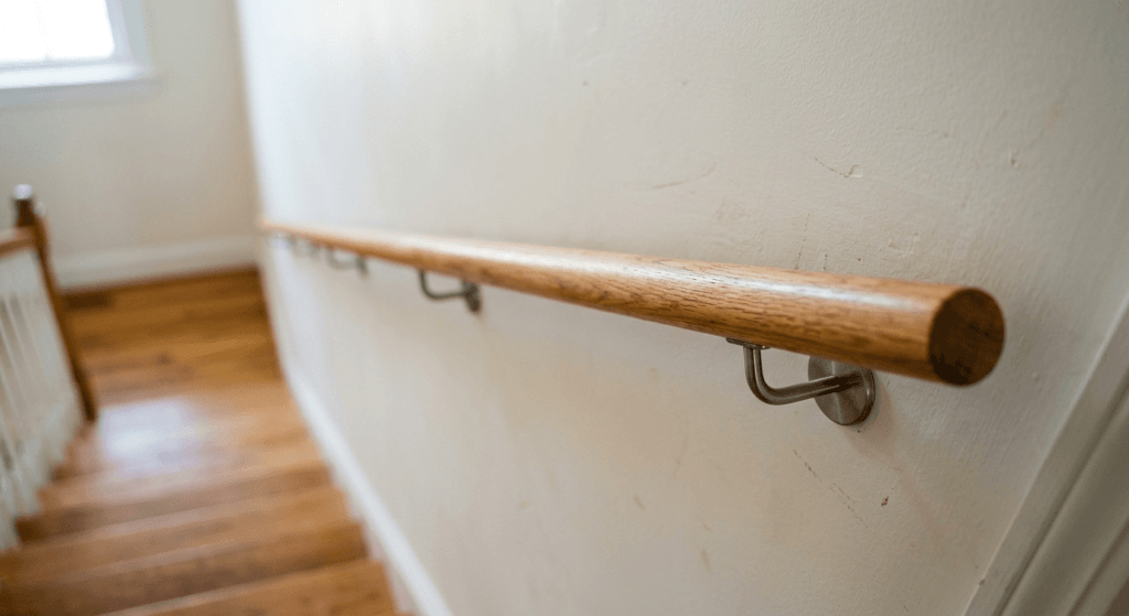 Close-up of a round wooden stair handrail with an easy-to-grip profile