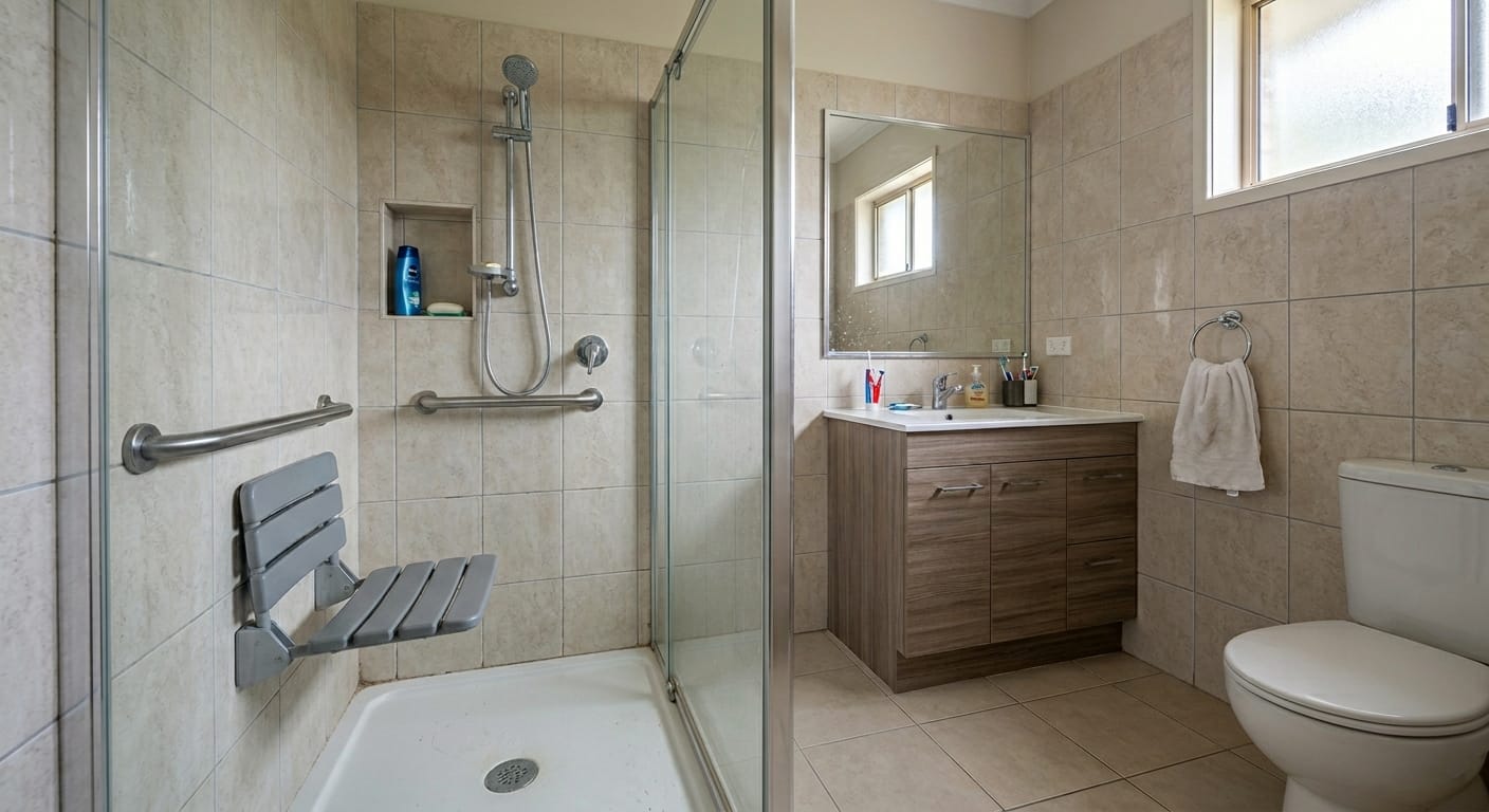 Residential shower with a fold-down shower seat and grab bar mounted on a tiled wall