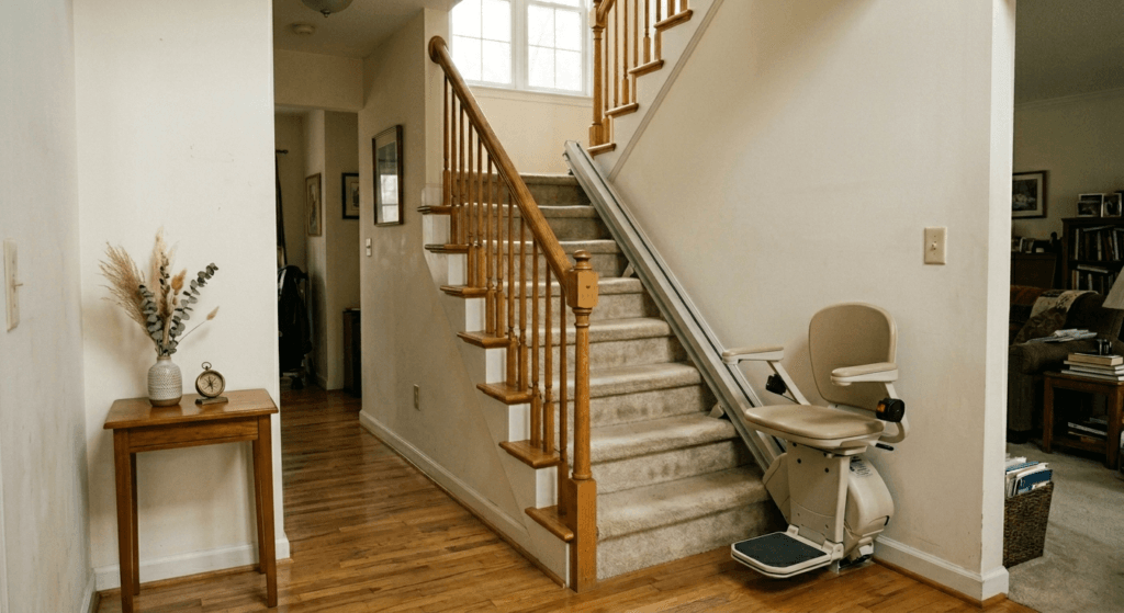 Curved stairlift installed on a carpeted staircase inside a two-story home designed for aging in place