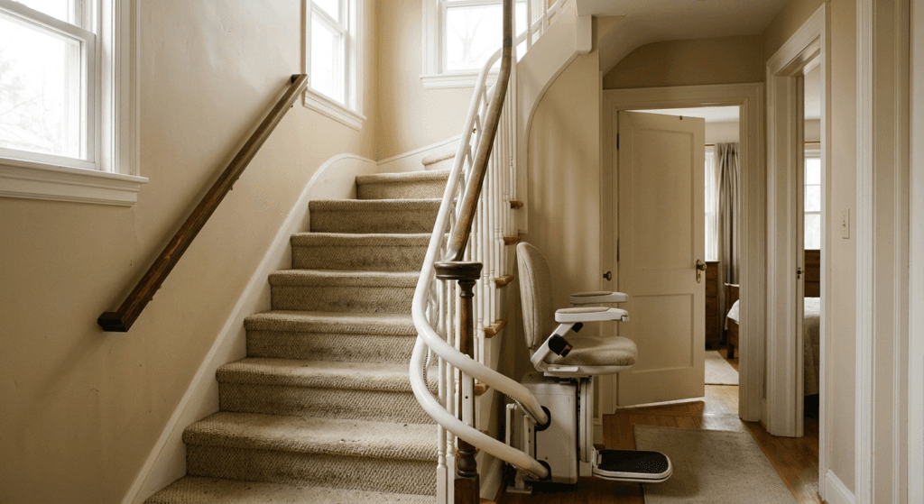 Curved stairlift providing access to an upstairs bedroom in a two-story home for aging in place