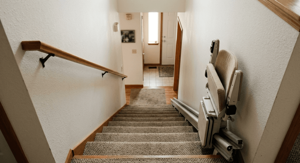Straight stairlift installed on a straight residential staircase inside a family home