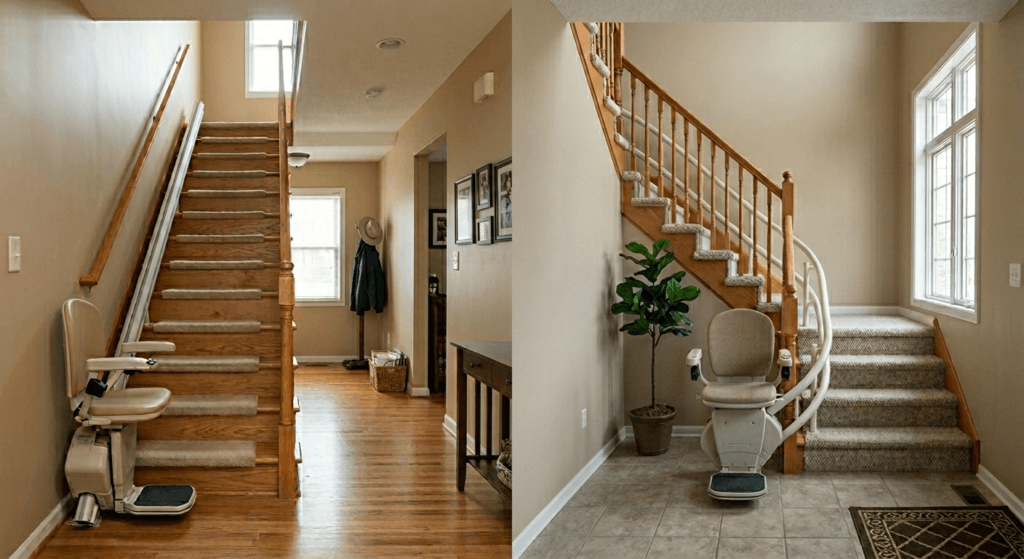 Straight stairlift on a straight staircase compared with a curved stairlift on a staircase with a landing