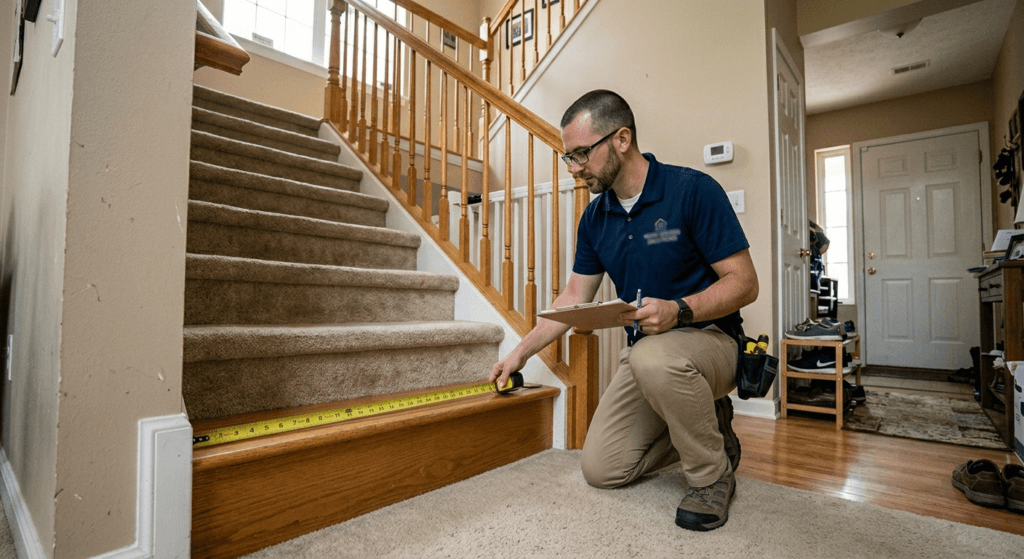 Technician measuring a residential staircase before a stairlift installation