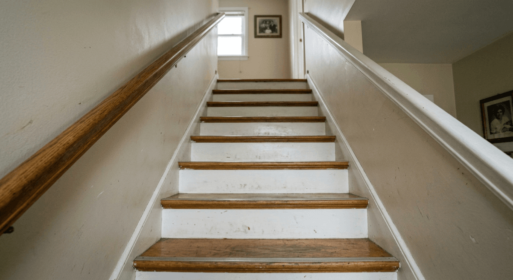 Residential wooden staircase showing normal wear patterns and everyday use in a middle-class American home