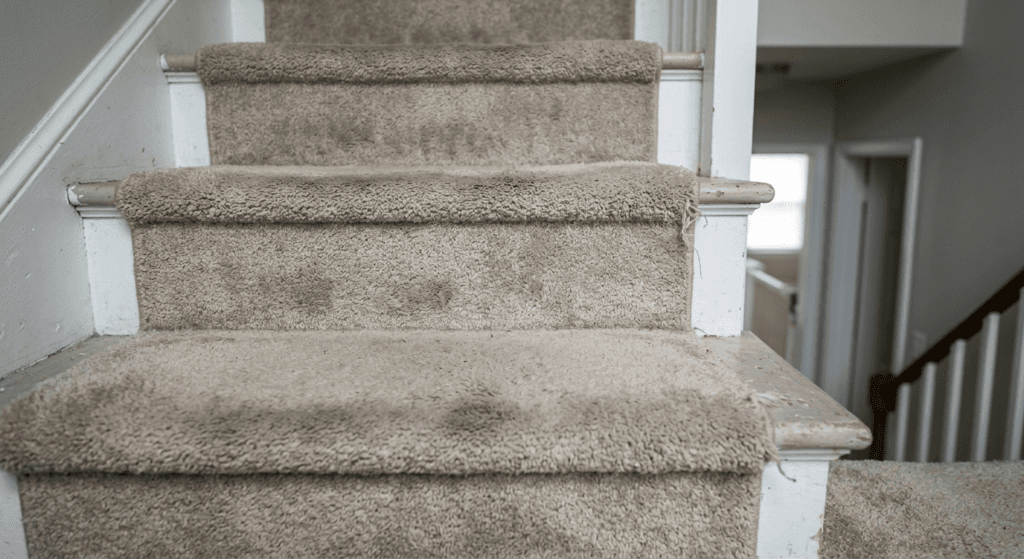 Worn carpeted staircase with compressed fibers and visible wear patterns that may affect traction and stair safety for older adults
