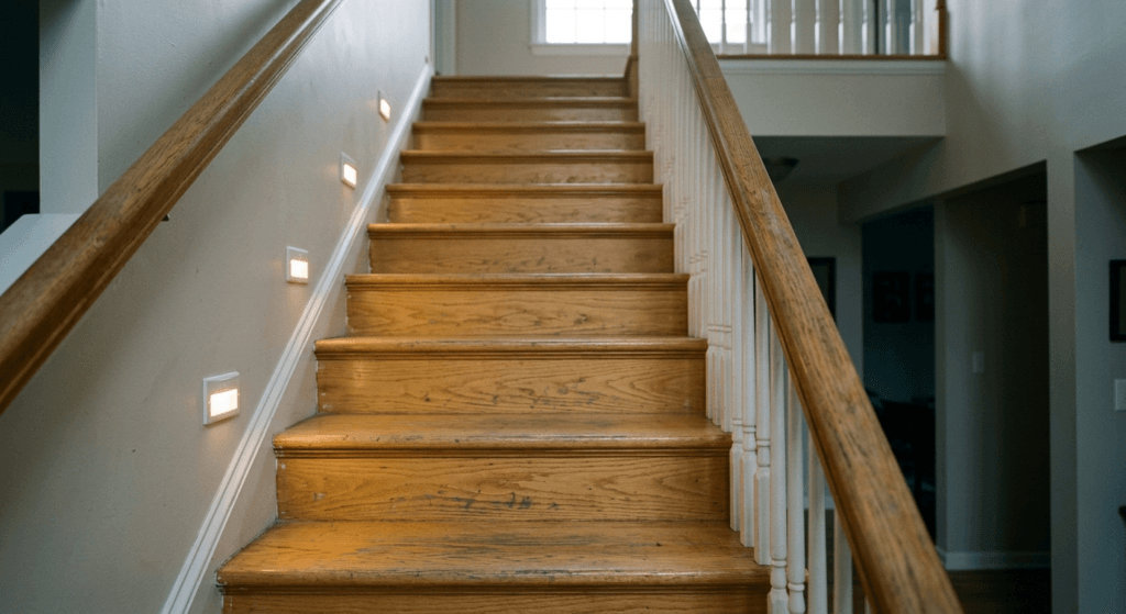 Wooden residential staircase with integrated step lighting and clearly visible stair edges to support safer stair use for older adults
