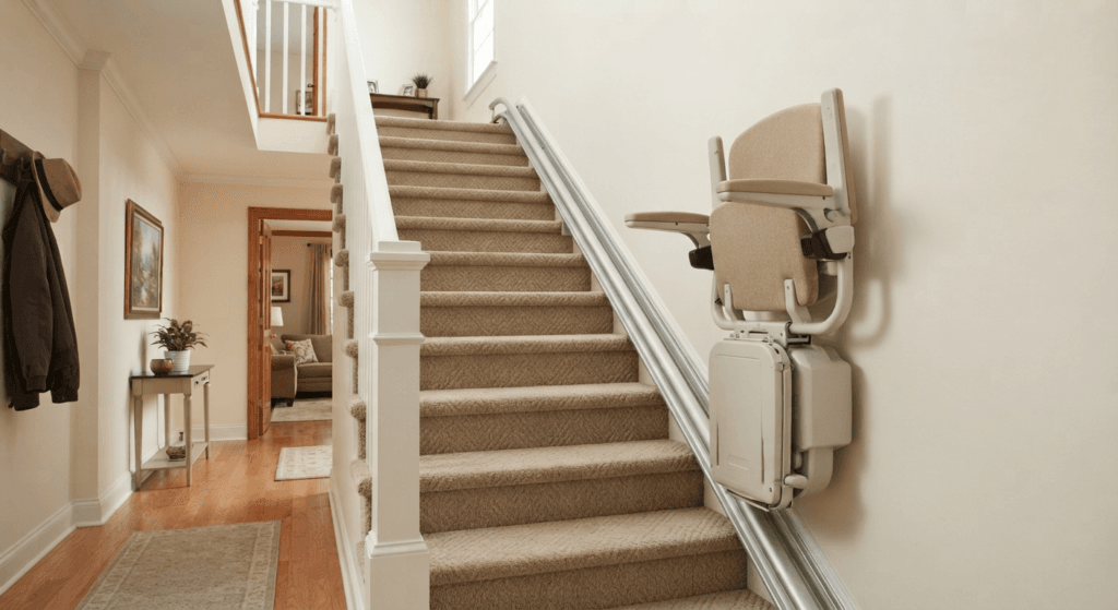 Fully folded stairlift leaving walking space on a narrow carpeted staircase