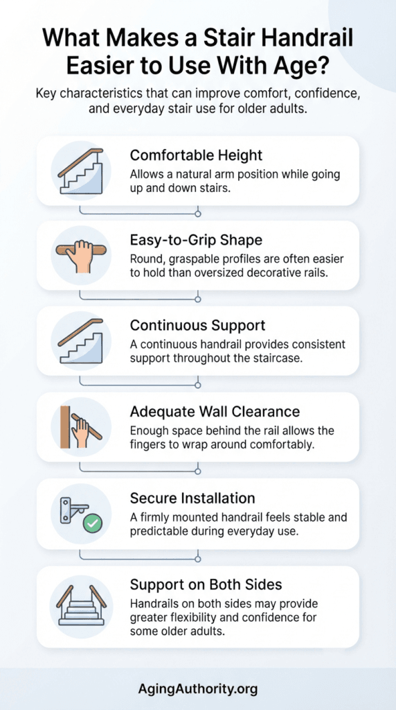 Infographic illustrating the key features of an age-friendly stair handrail, including proper height, easy-to-grip shape, continuous support, adequate wall clearance, secure installation, and handrails on both sides.