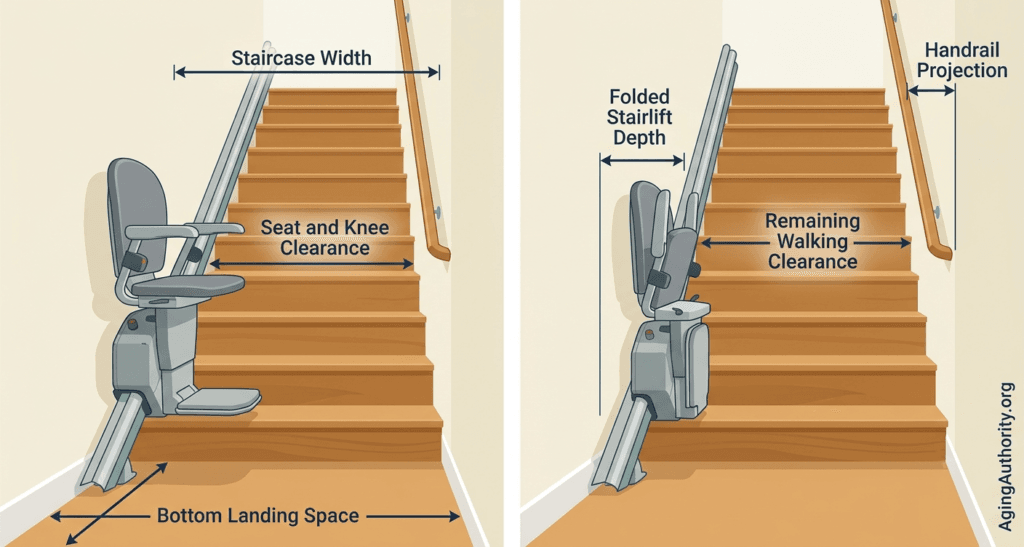 Infographic showing six important measurements for installing a stairlift on narrow stairs