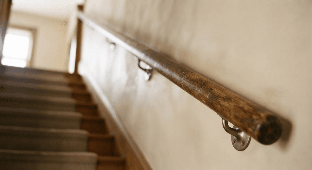 Older round wooden stair handrail with visible wear from years of everyday use in an American middle-class home
