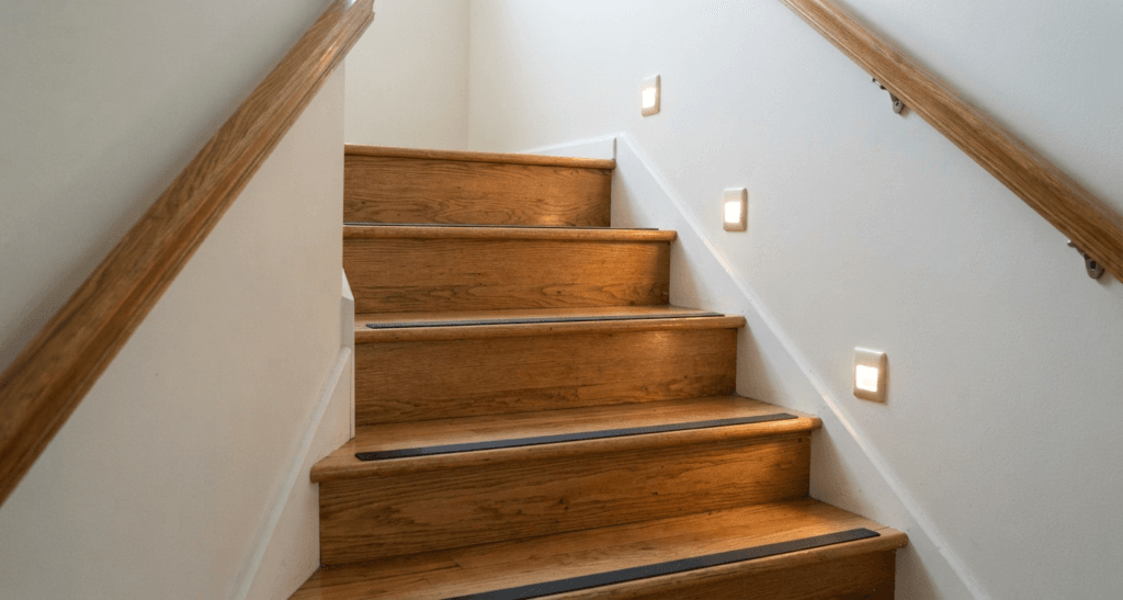 Close-up of wooden stairs with two handrails, anti-slip edge strips, and motion-activated wall lights