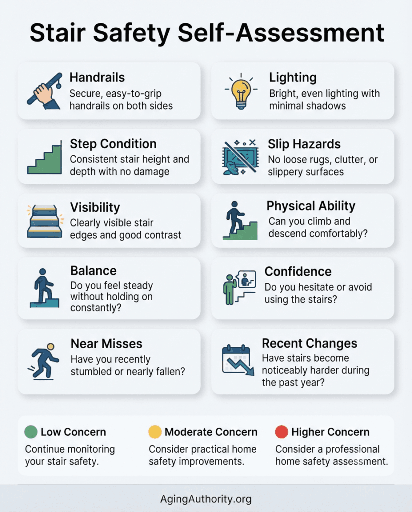 Infographic summarizing the key areas to evaluate during a stair safety self-assessment for aging in place